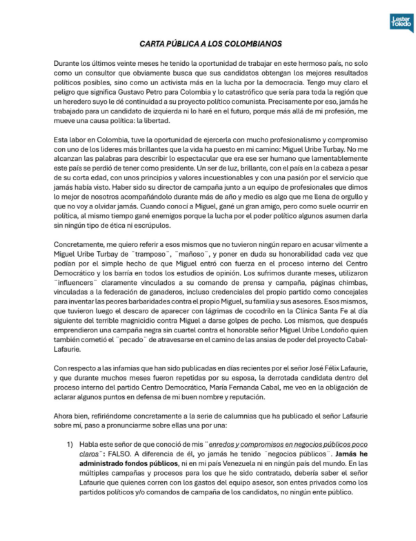 Carta declaratoria escrita por Lester Toledo