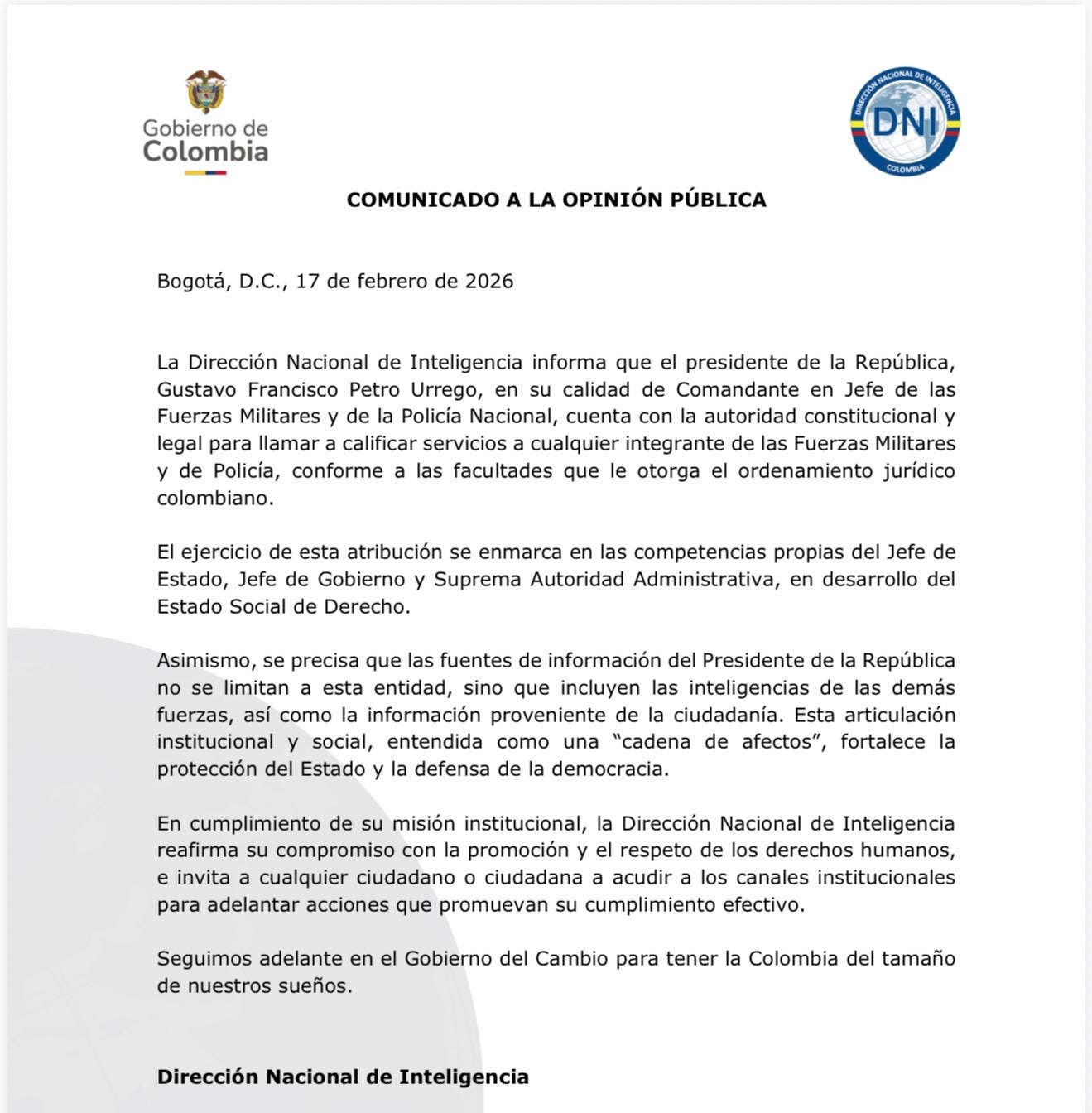 Comunicado de la Dirección Nacional de Inteligencia