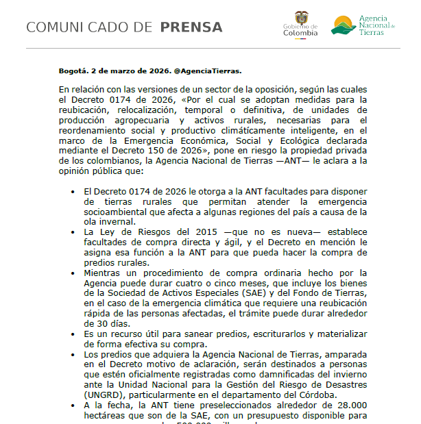 Comunicado de la ANT sobre el decreto de emergencia económica