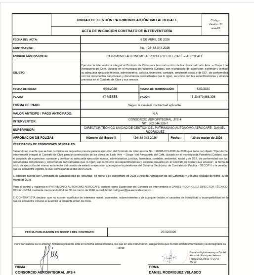 Acta de iniciación de contrato de interventoría