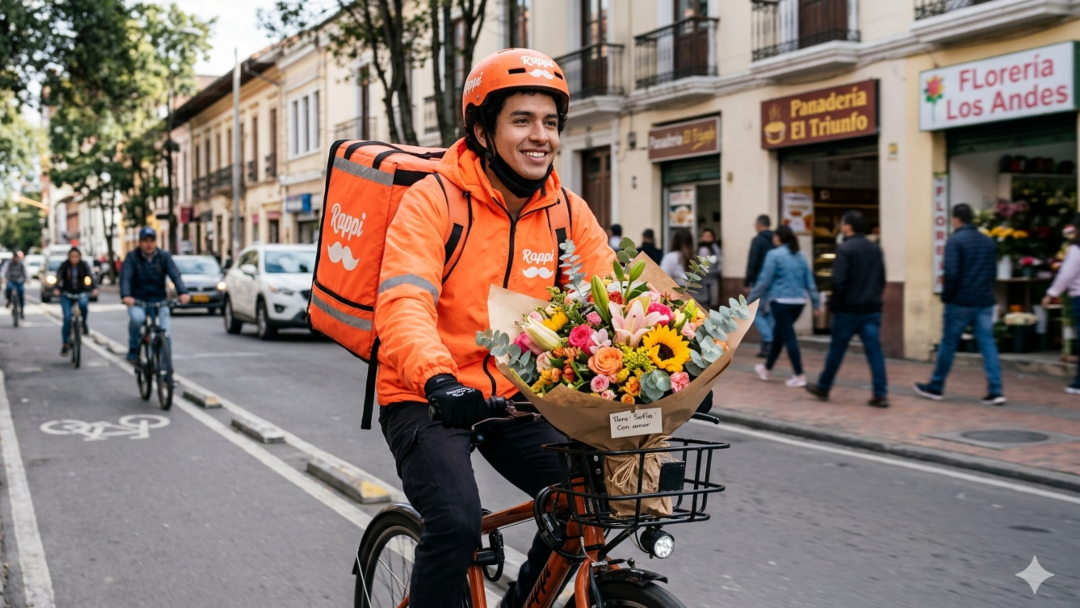 Domiciliario de Rappi con encargo de flores