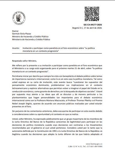 Carta de Leonardo Villar, gerente del Banco de la República, para el ministro de Hacienda, Germán Ávila