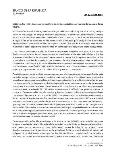 Carta de Leonardo Villar, gerente del Banco de la República, para el ministro de Hacienda, Germán Ávila