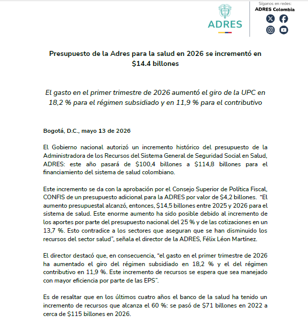 Presupuesto de la Adres para 2026