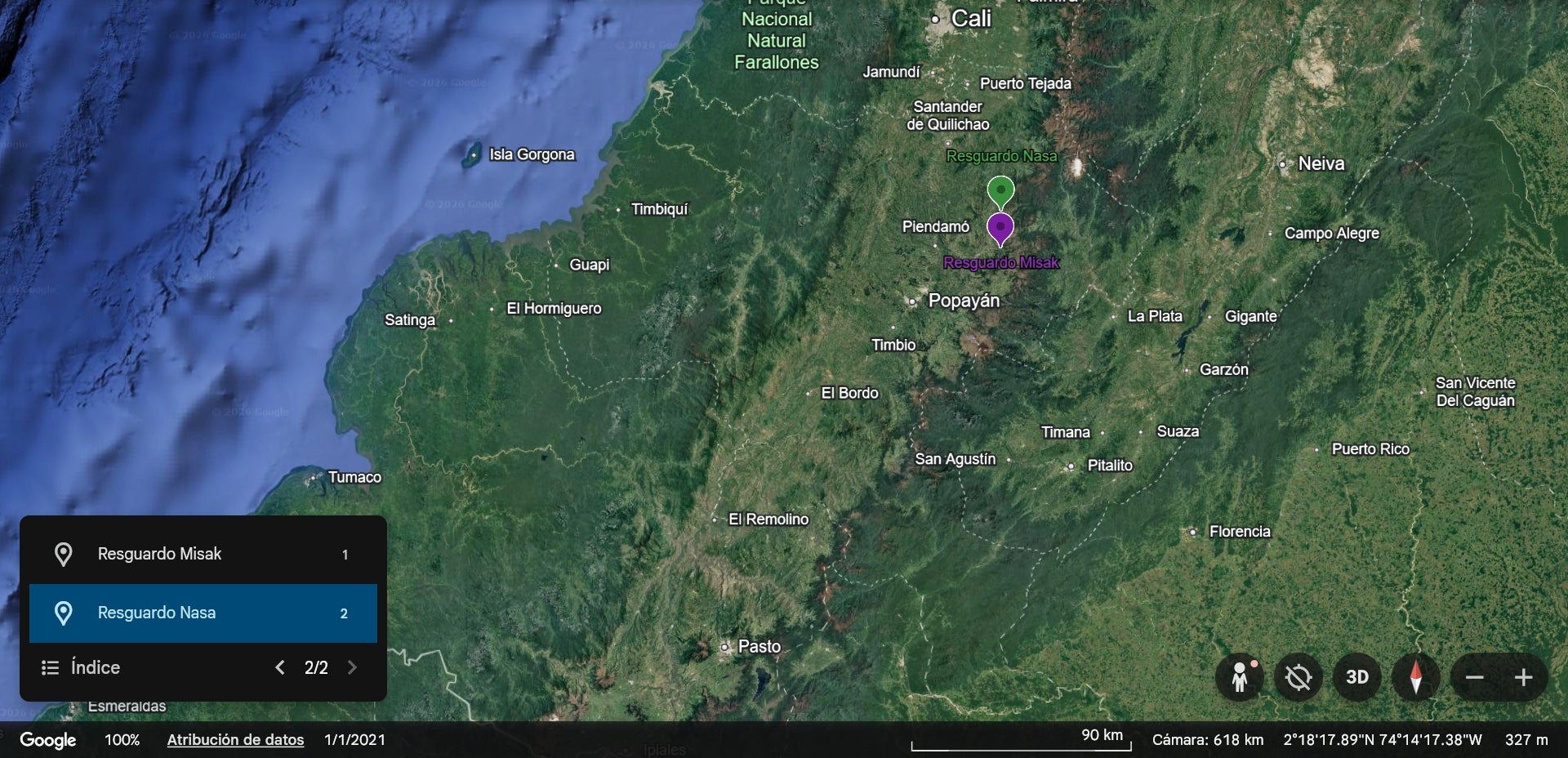 Ubicación de las comunidades indígenas en Cauca