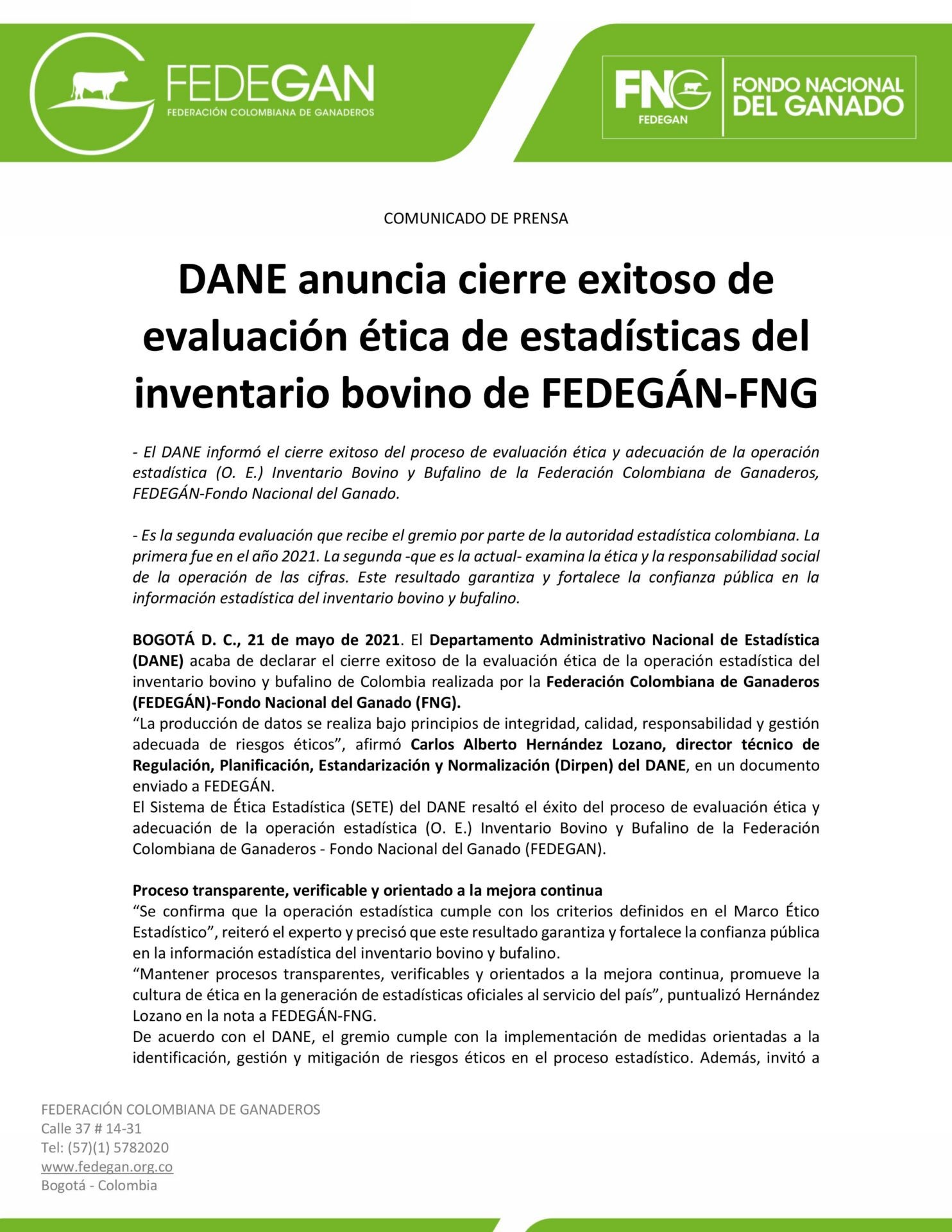 Comunicado de prensa de Fedegan