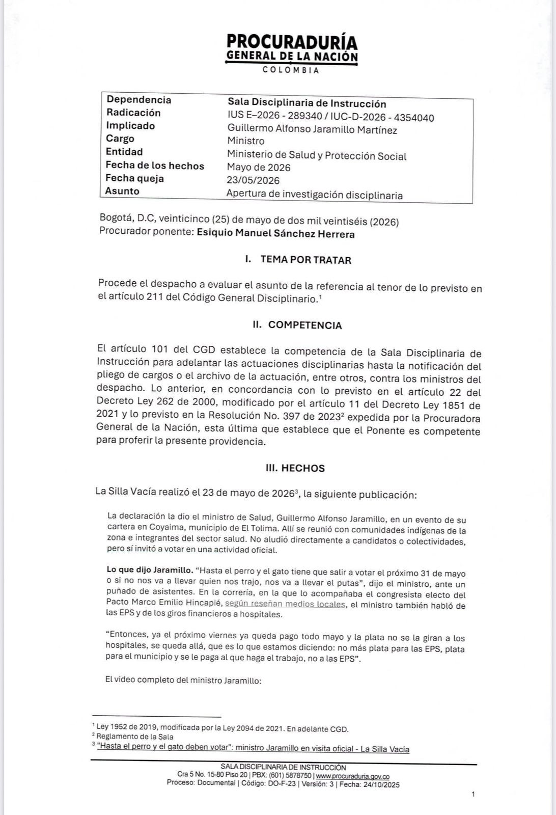 Procuraduría abrió investigación disciplinaria contra MinSalud por presunta participación en política