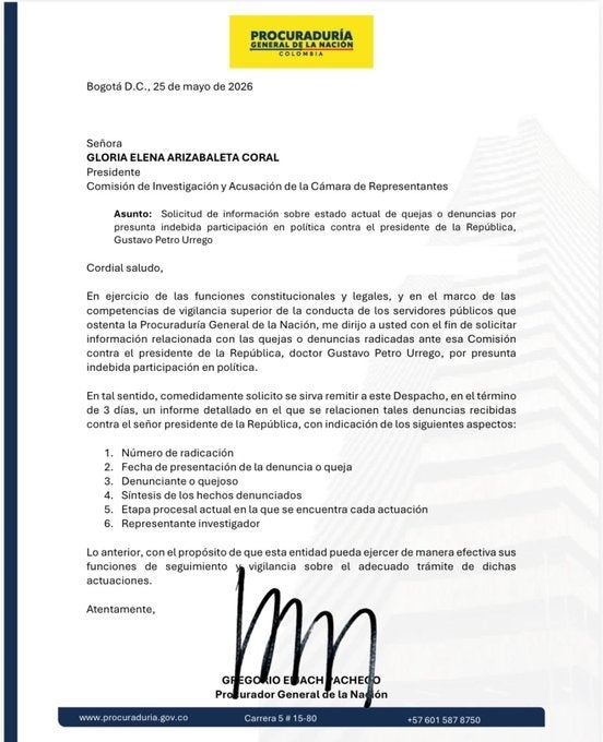 Procurador pidió a la Cámara reporte sobre quejas radicadas contra Petro por presunta participación indebida en política