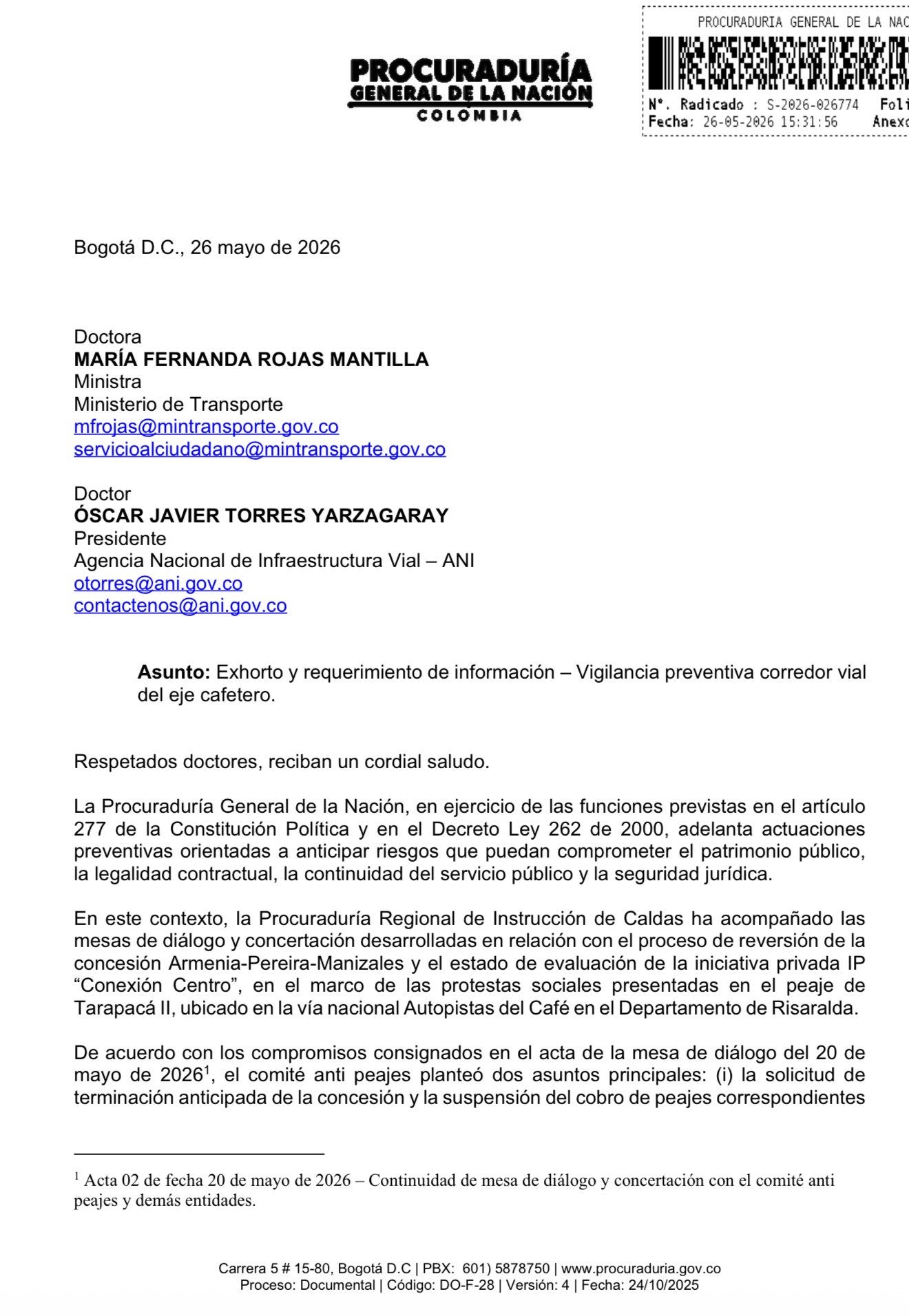 Carta de la Procuraduría sobre la concesión de Autopistas del café
