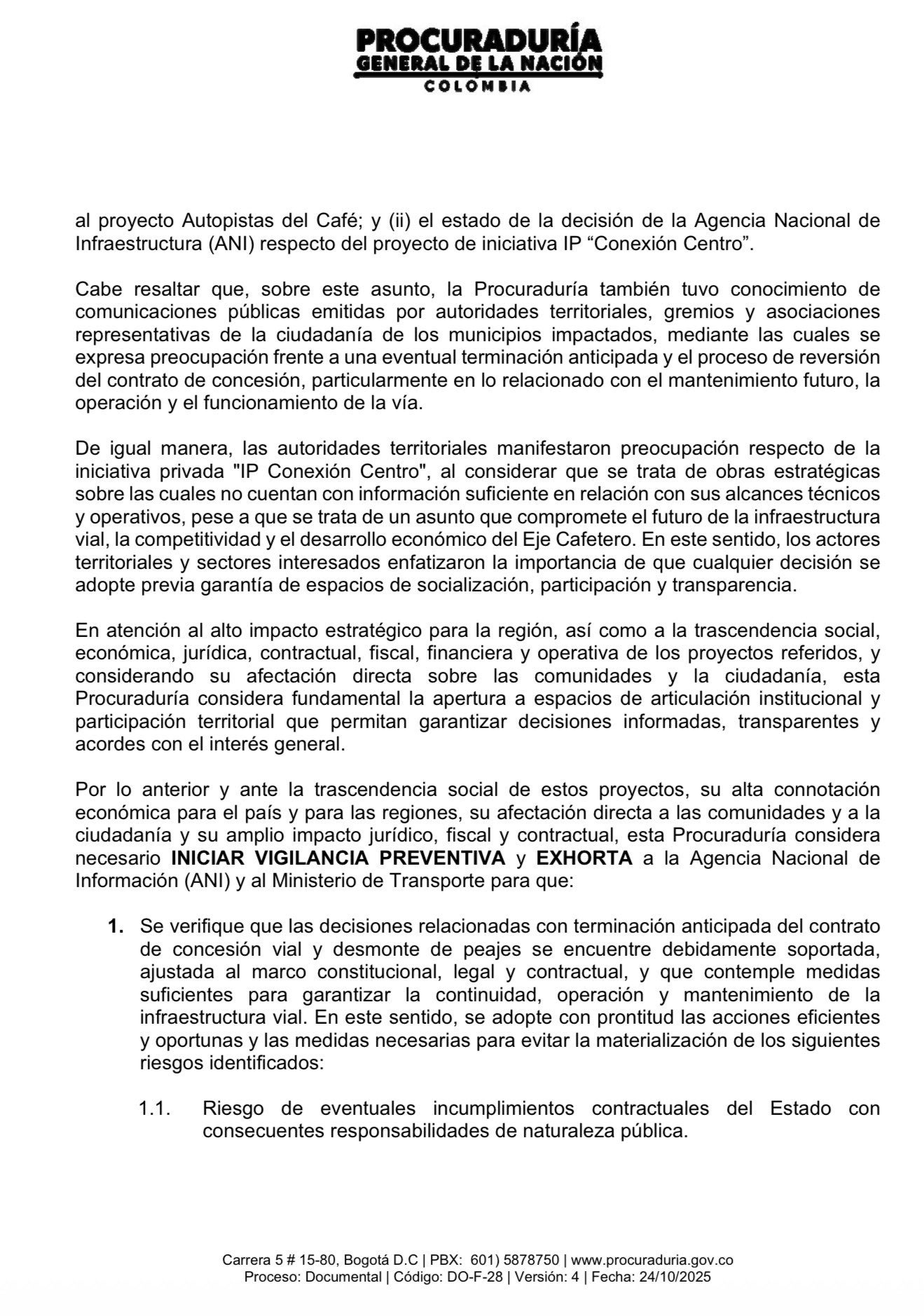Carta de la Procuraduría sobre la concesión de Autopistas del café