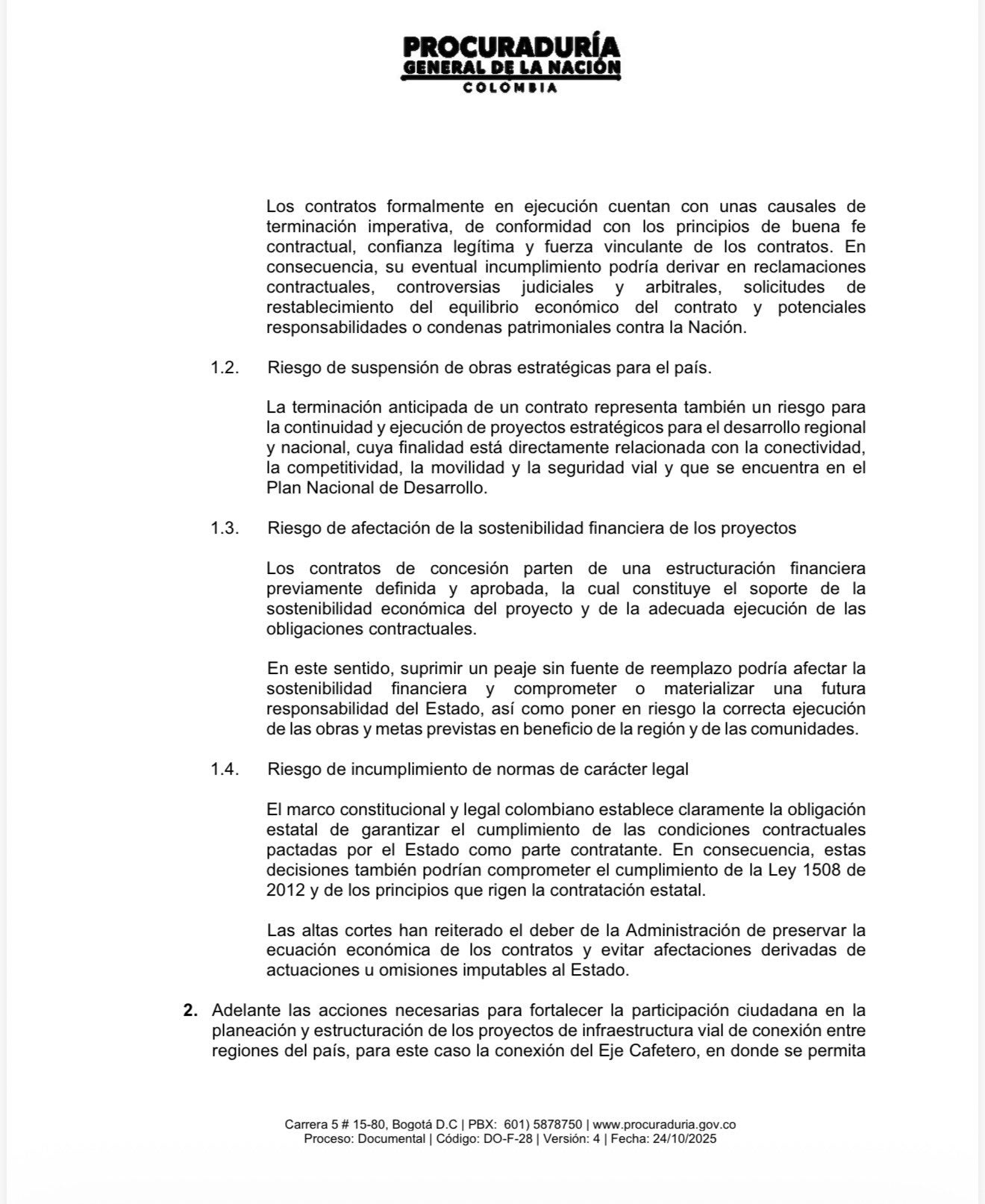 Carta de la Procuraduría sobre la concesión de Autopistas del café