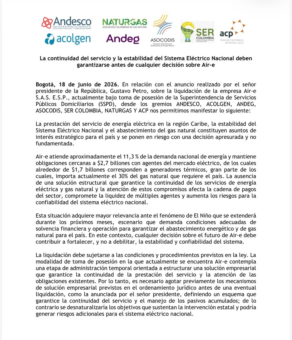 Gremios energéticos alertan por posible liquidación de Air-e