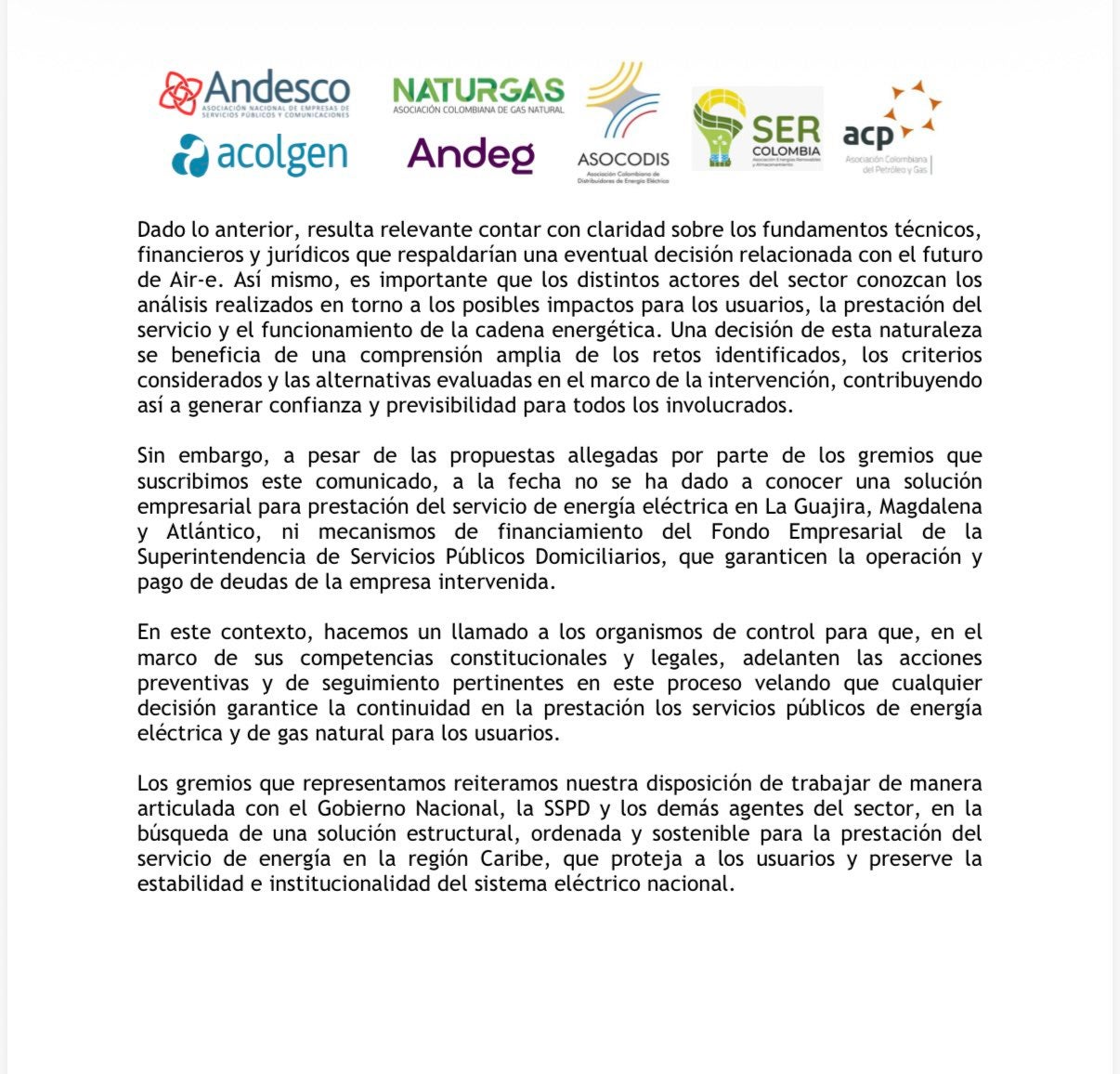 Gremios energéticos alertan por posible liquidación de Air-e