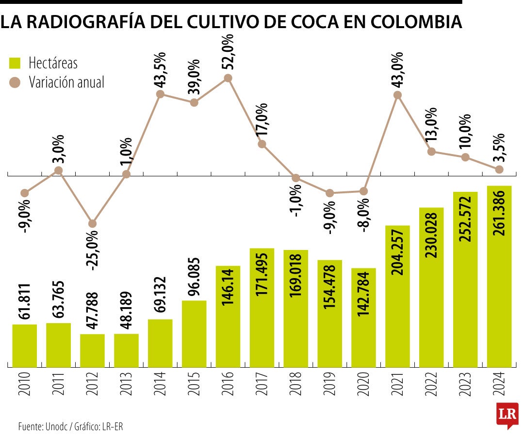 Histórico del área sembrada de coca, con corte a 2024