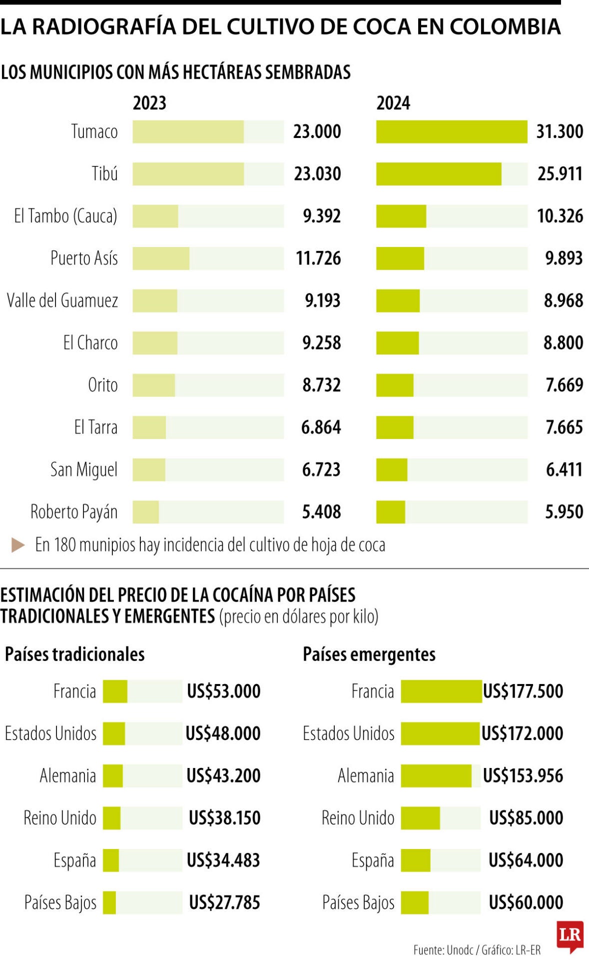 Los municipios con más áreas sembradas y el precio por kilo de la cocaína en el mundo
