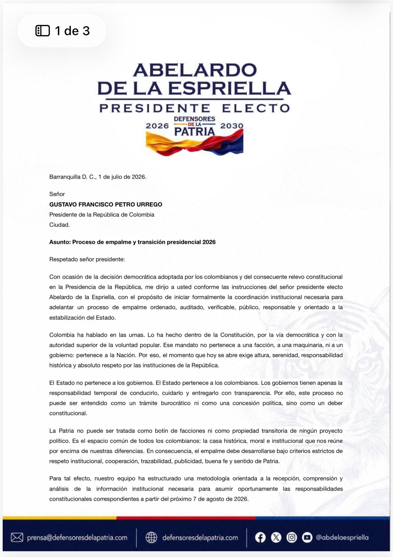Carta dirigida al presidente Gustavo Petro para iniciar el empalme