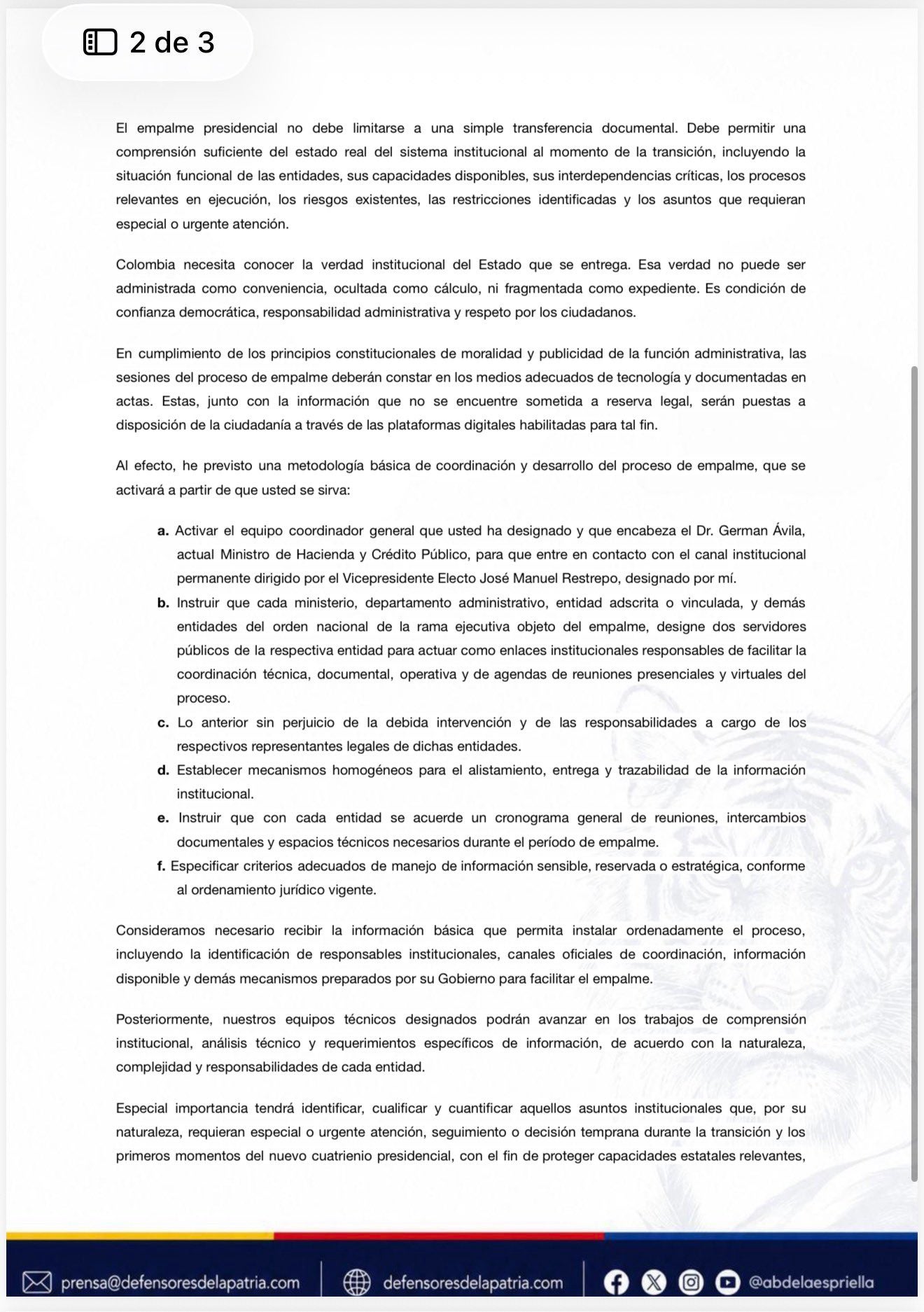 Carta dirigida al presidente Gustavo Petro para iniciar el empalme