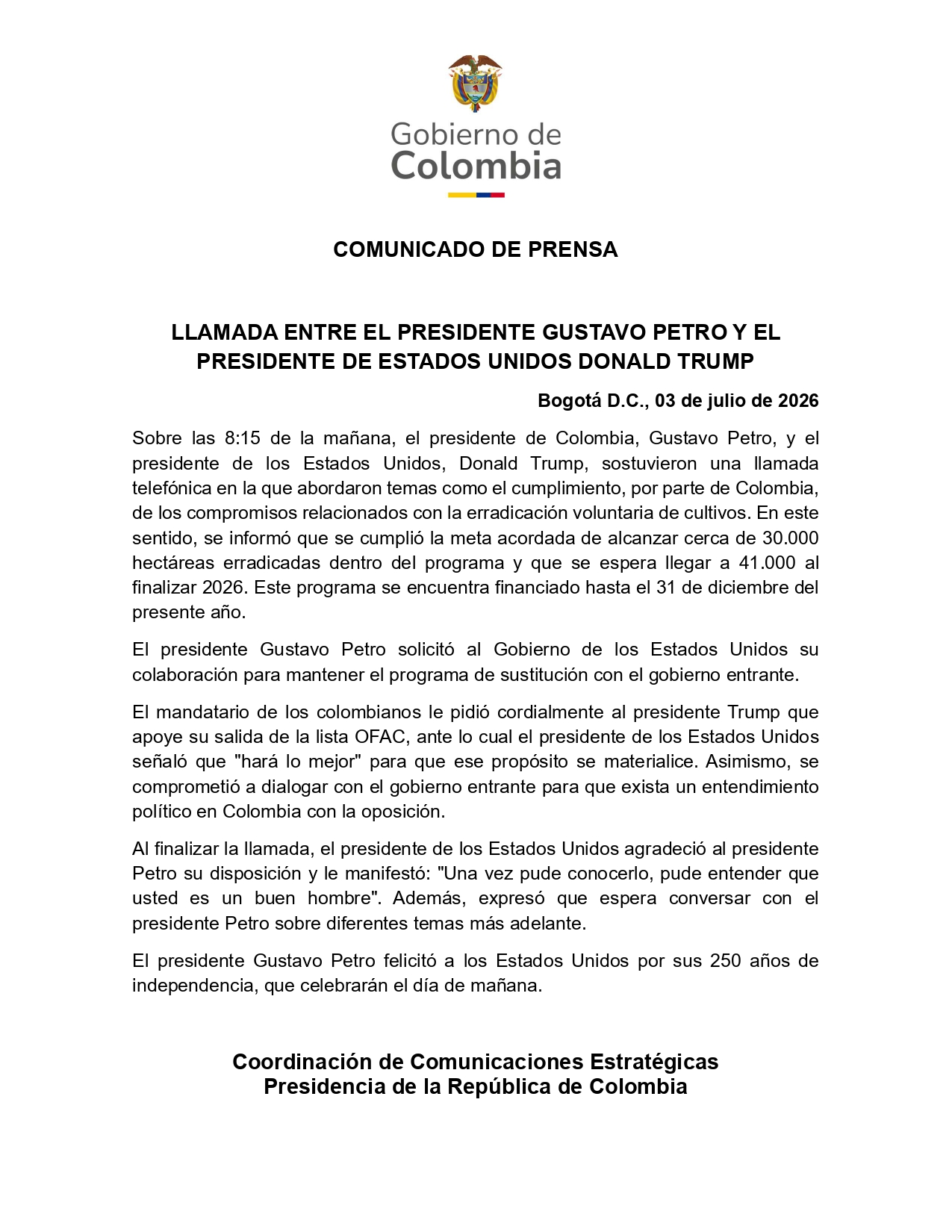 Llamada entre Petro y Trump