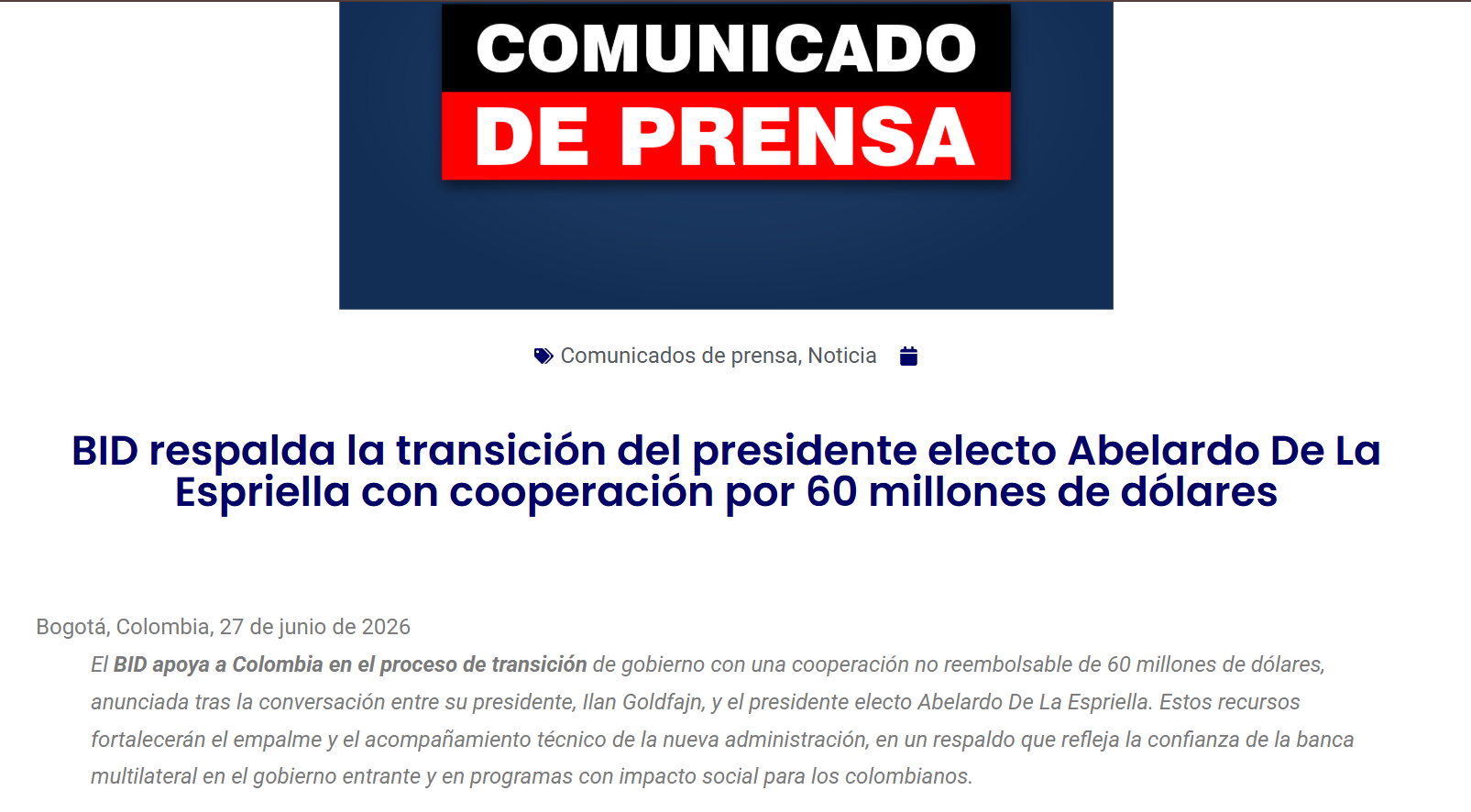 Comunicado De La Espriella sobre el BID