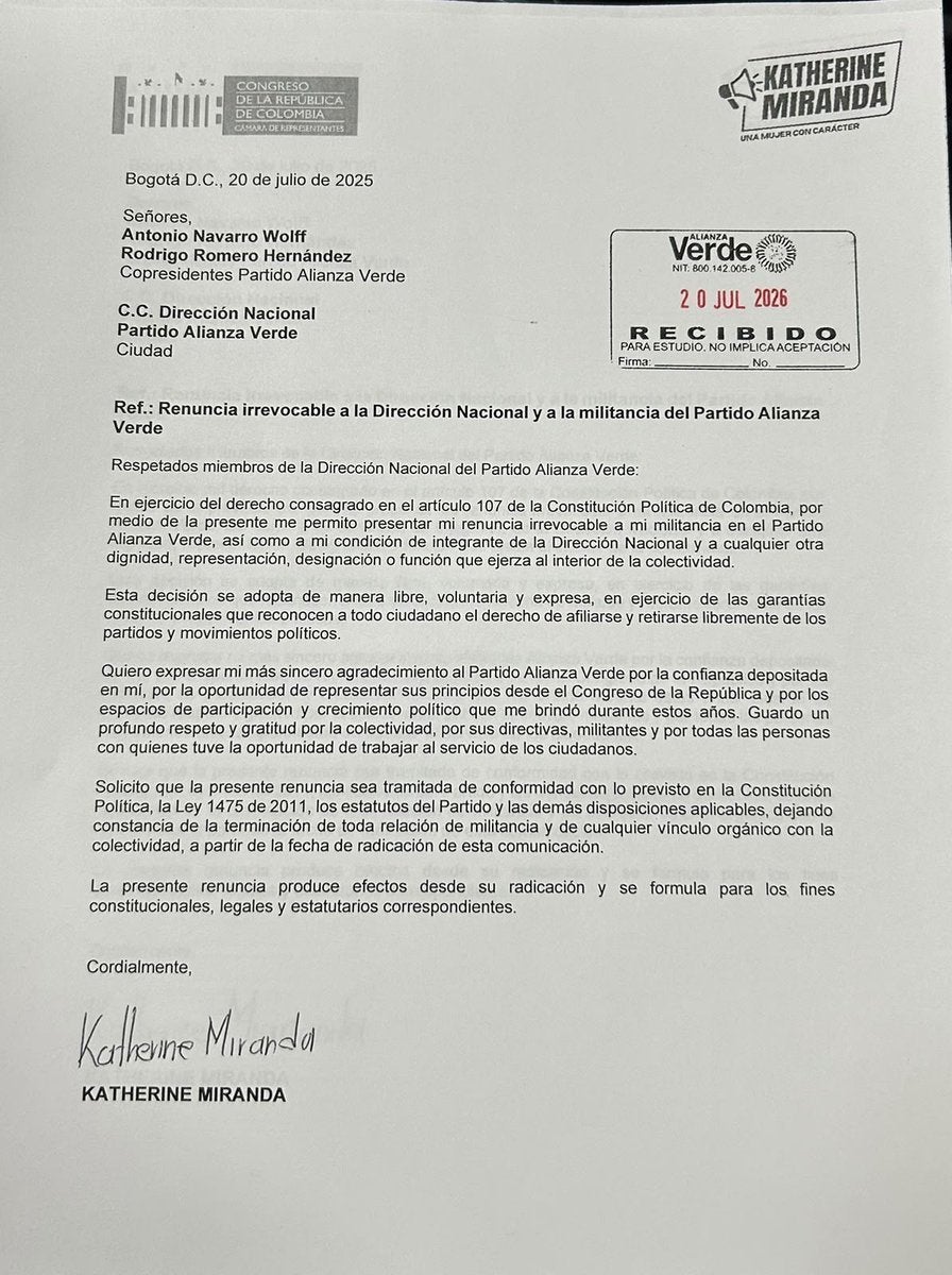 Comunicado oficial, renuncia Katherine Miranda