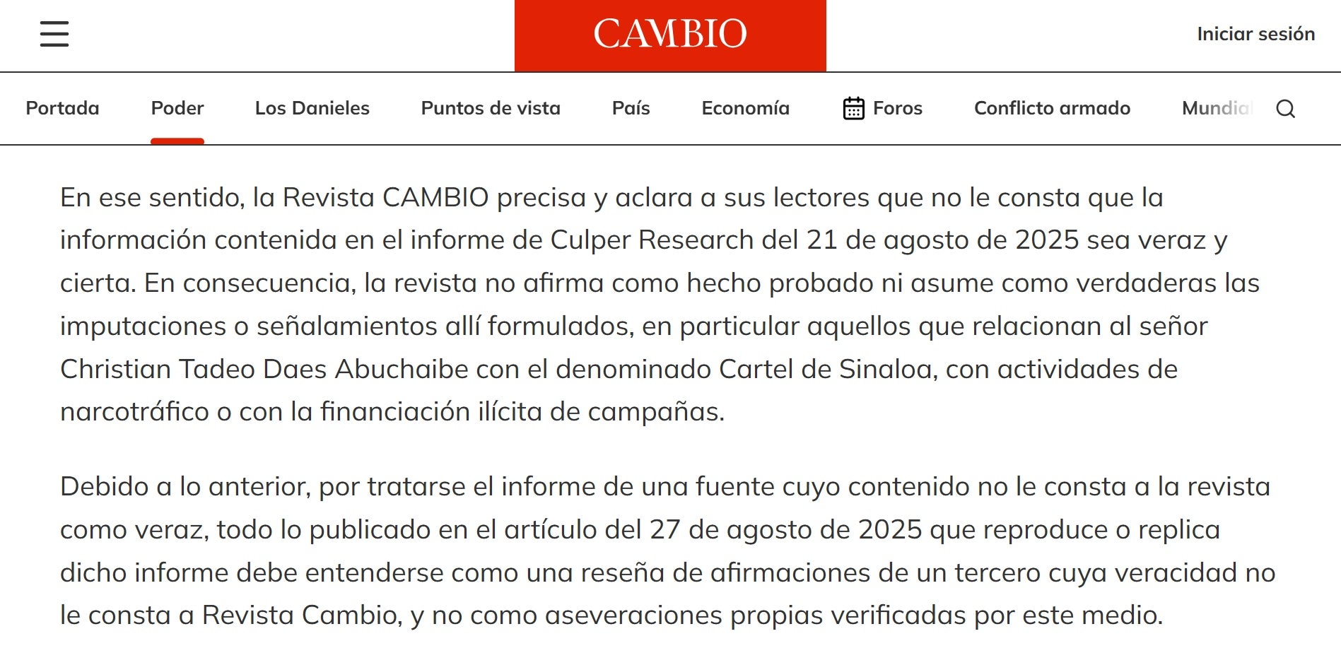 Rectificación de Revista Cambio
