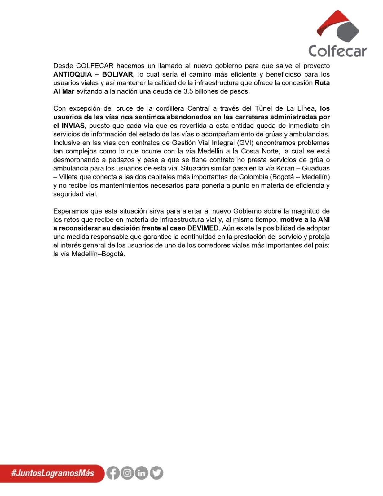 Comunicado de Colfecar a la ANI
