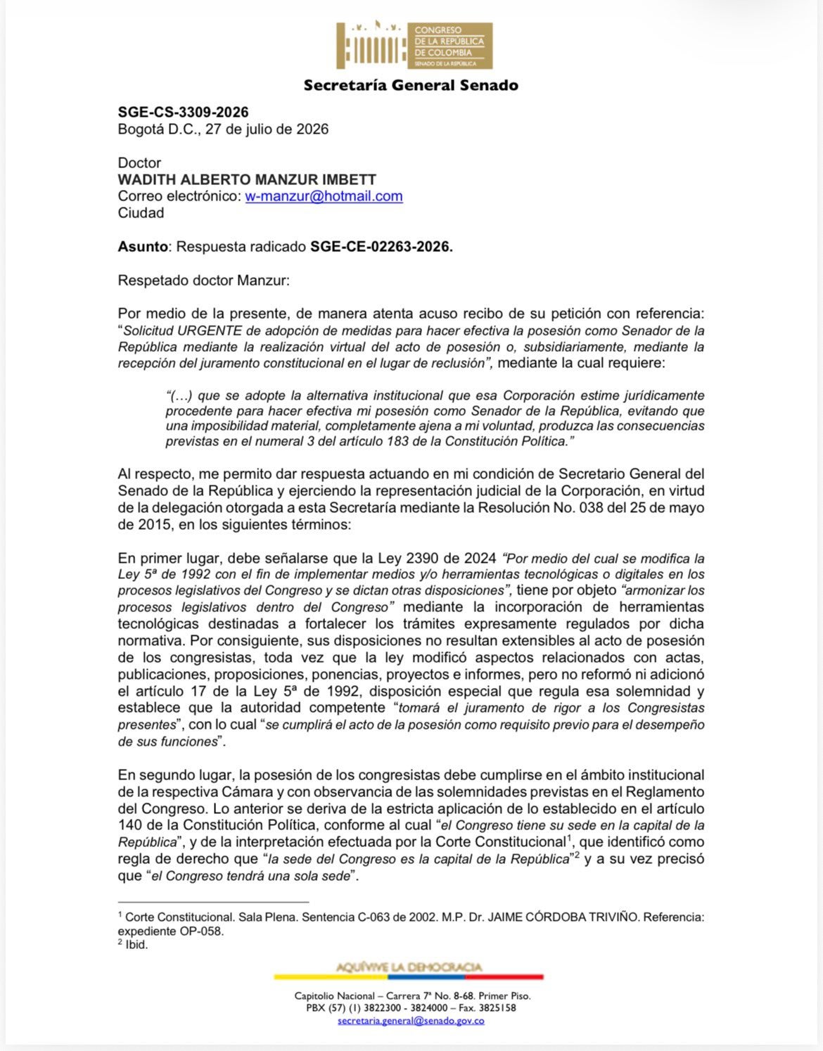 Comunicado Secretaría General del Senado