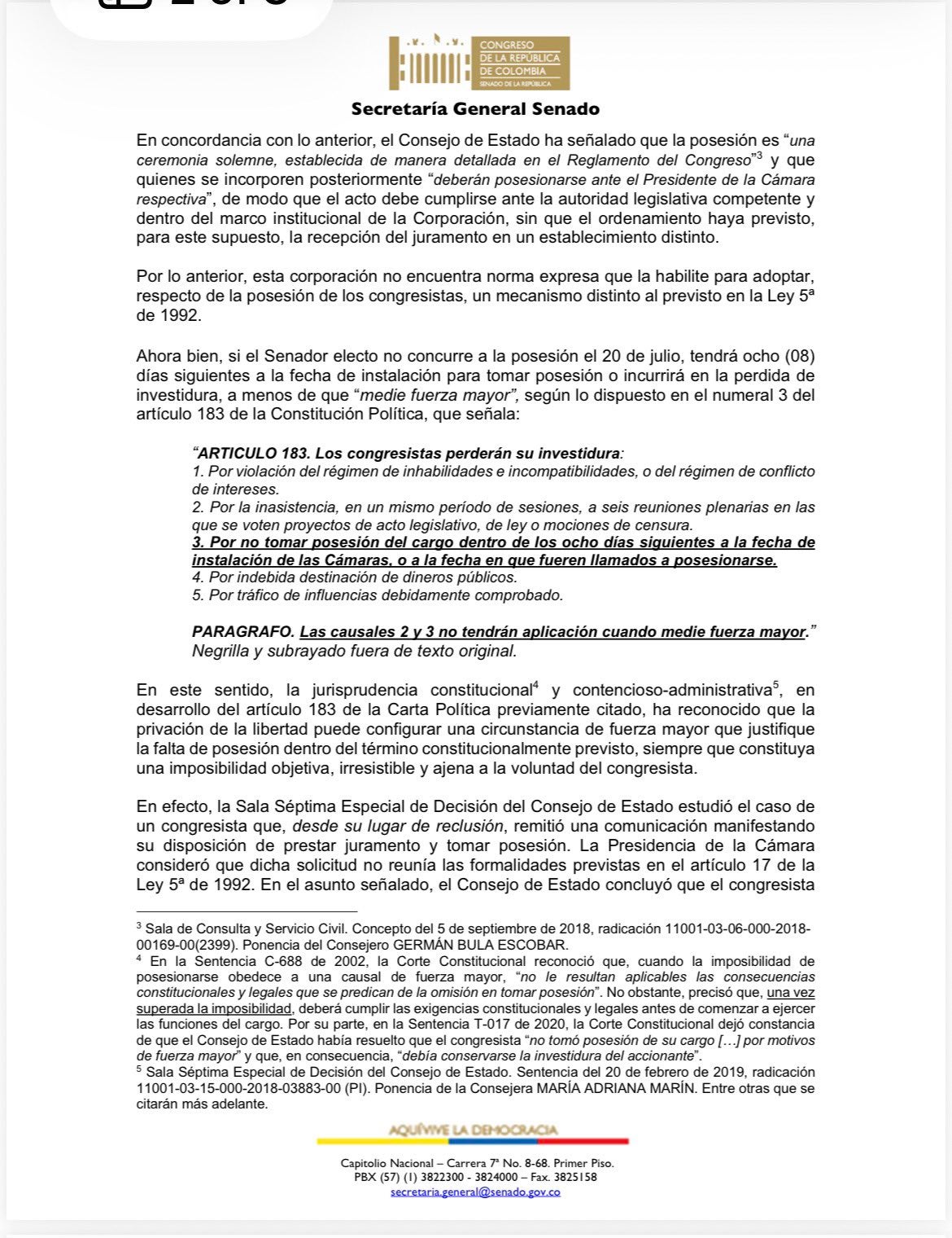 Comunicado Secretaría General del Senado