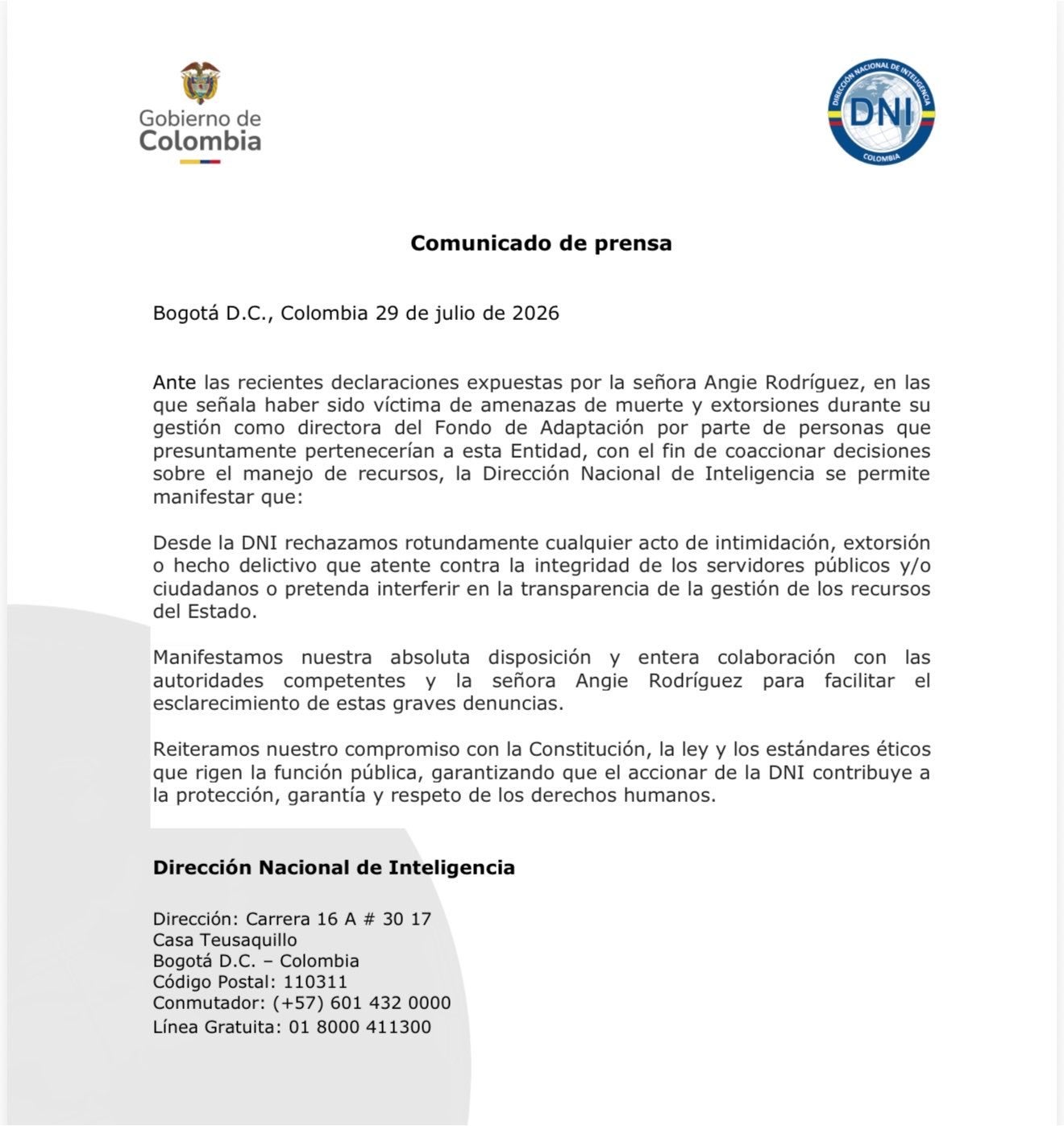 Comunicado, La Dirección Nacional de Inteligencia, DNI.