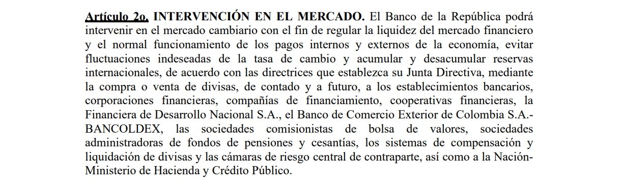 Artículo segundo de la Resolución Externa No. 1 de 2018 