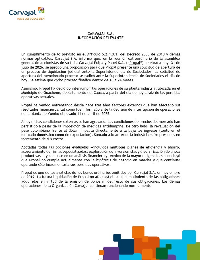 Propal solicitó la liquidación judicial y suspendió las operaciones de su planta en Guachené