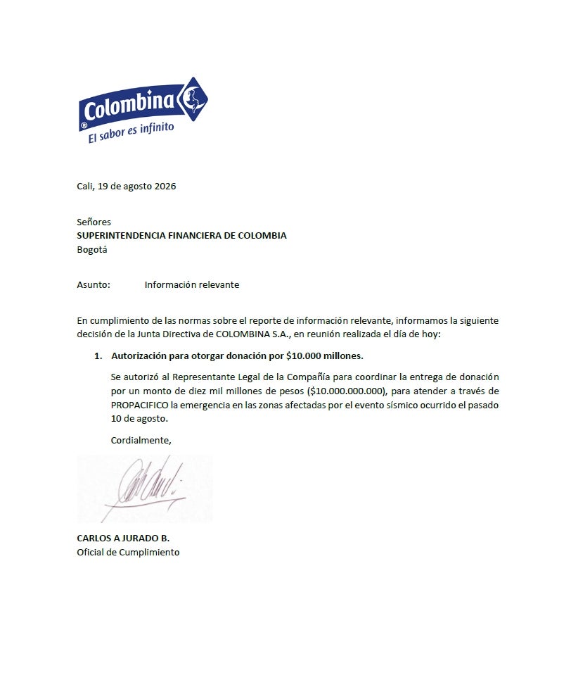 Colombina donará $10.000 millones para atender la emergencia por el terremoto