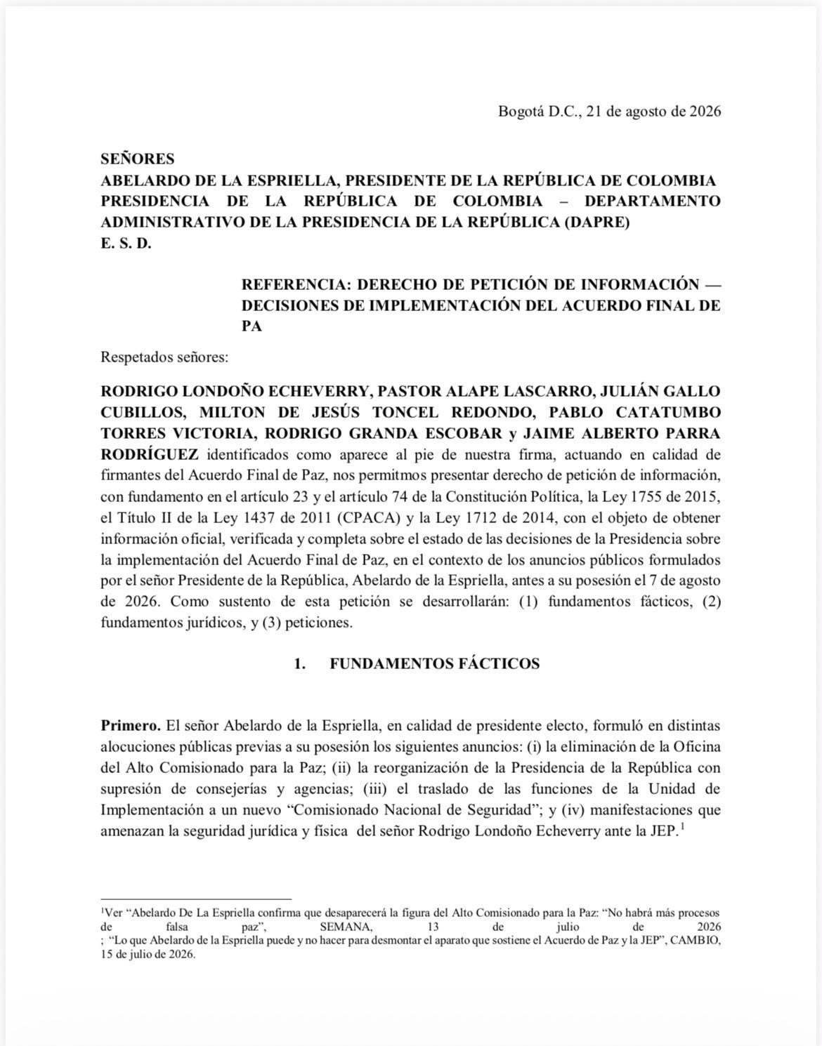 Comunicado exintegrantes de las Farc