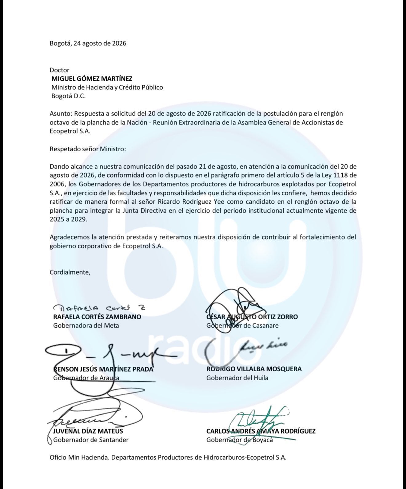Carta firmada por los gobernadores