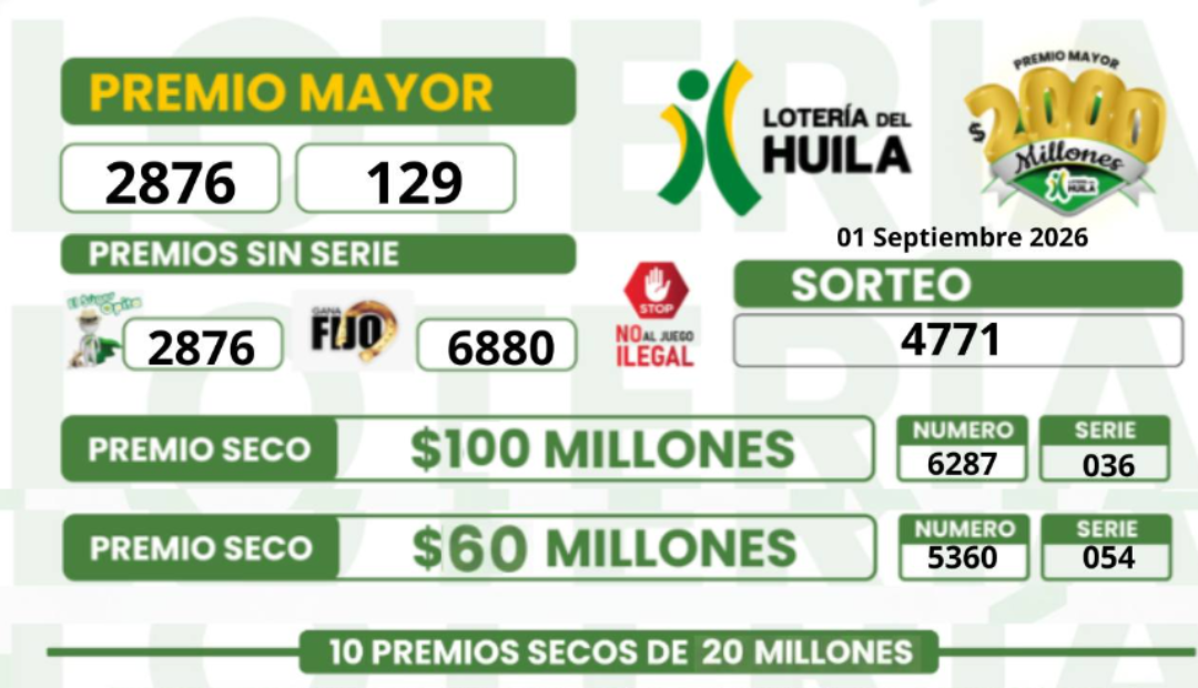 Lotería del Huila, 1 de septiembre