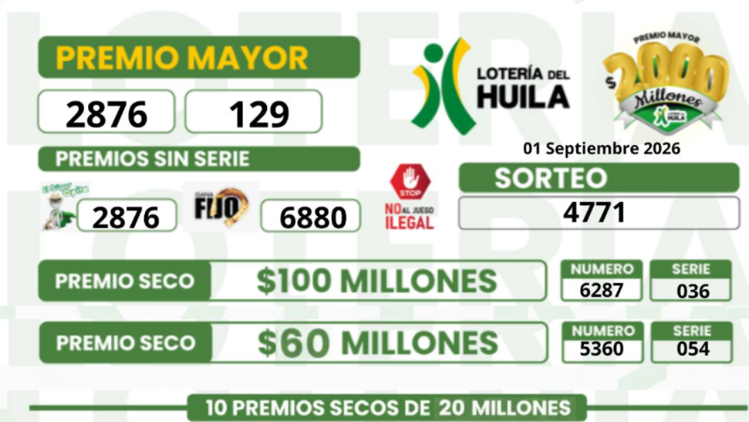 Lotería del Huila, 1 de septiembre