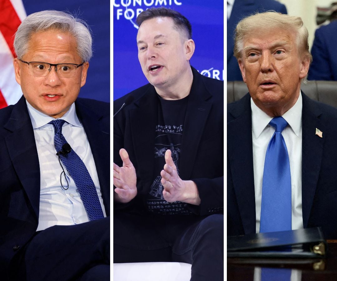 Jensen Huang, CEO de Nvidia; Elons Musk, CEO de SpaceX; y Donald Trump, presidente de EE.UU.