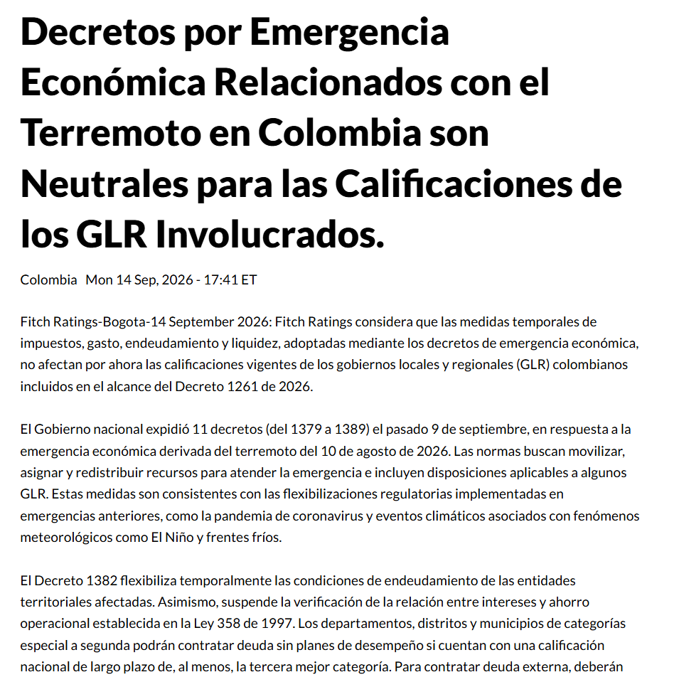 Comentario de Fitch sobre los decretos de emergencia económica