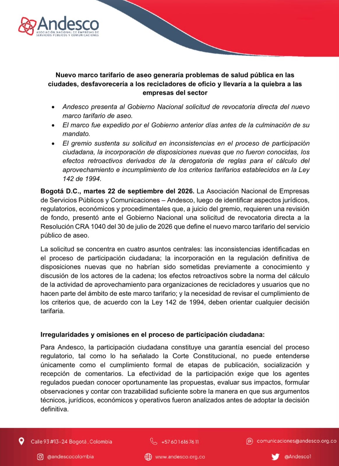Andesco pide que se revoque el nuevo marco tarifario