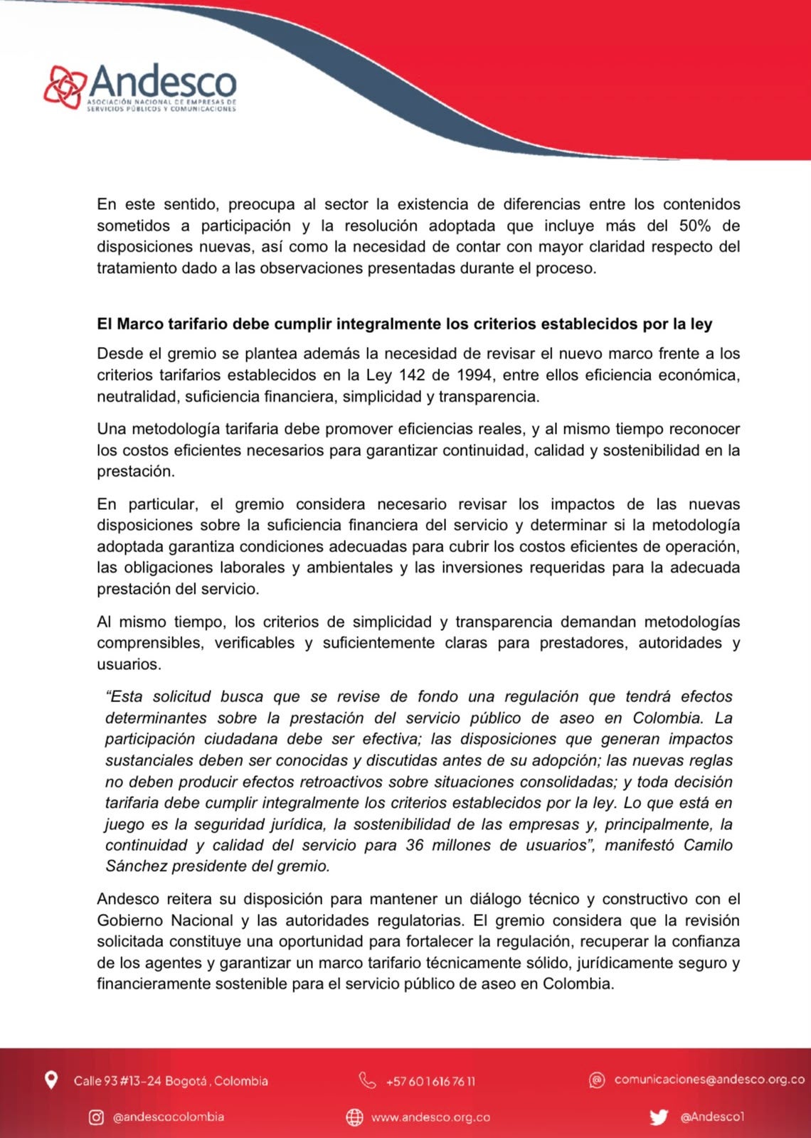 Andesco pide que se revoque el nuevo marco tarifario