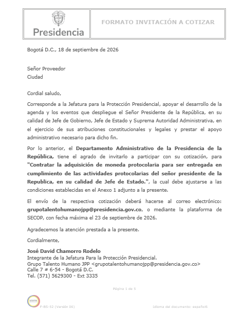 Proceso de contratación moneda protocolaria
