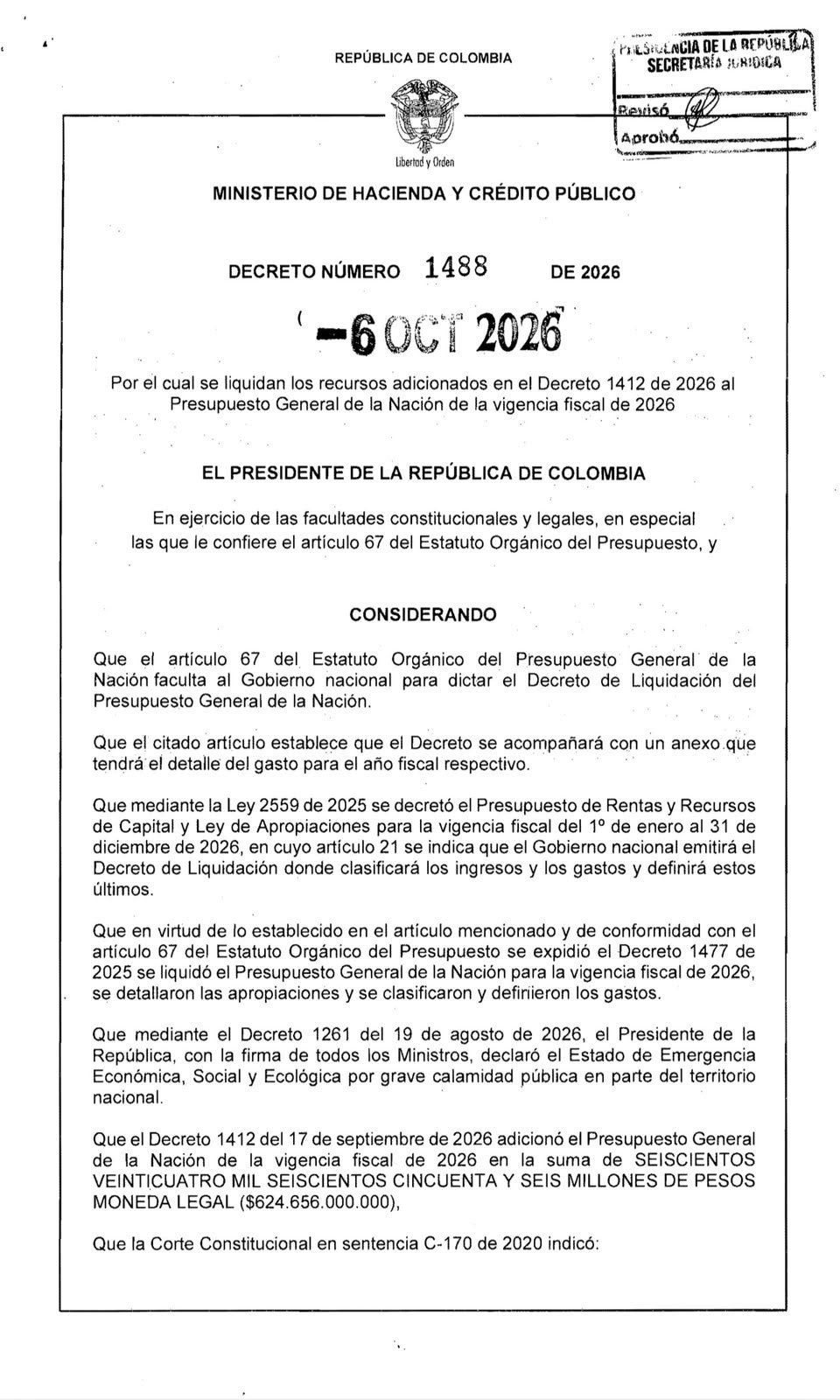 Decreto de adición presupuestal del Fondo Milagro