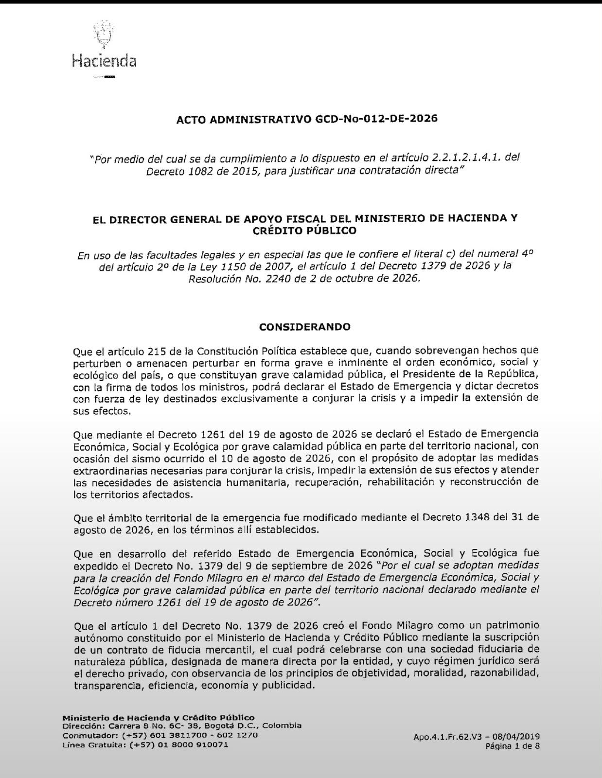 Contrato de MinHacienda con Fiducoldex para administrar el Fondo Milagro