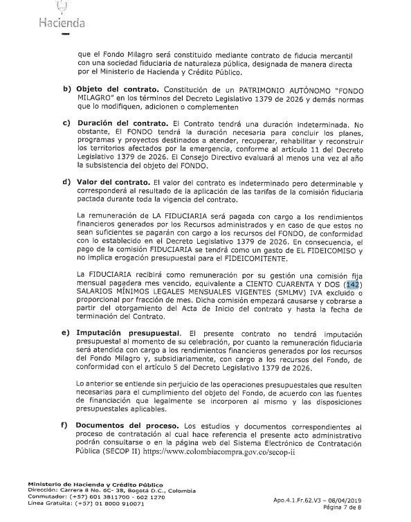 Contrato de MinHacienda con Fiducoldex para administrar el Fondo Milagro