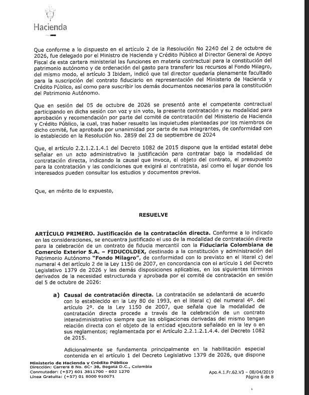 Contrato de MinHacienda con Fiducoldex para administrar el Fondo Milagro