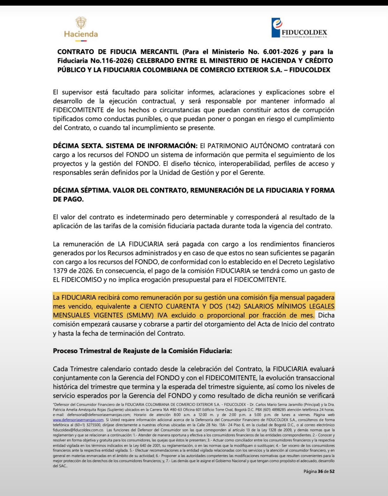 Contrato de MinHacienda con Fiducoldex para administrar el Fondo Milagro