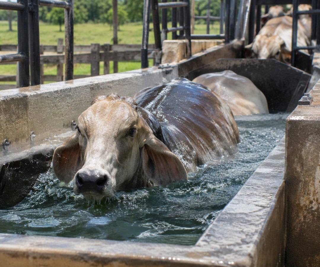 Vaca en baño inmersivo para aliviar las moscas