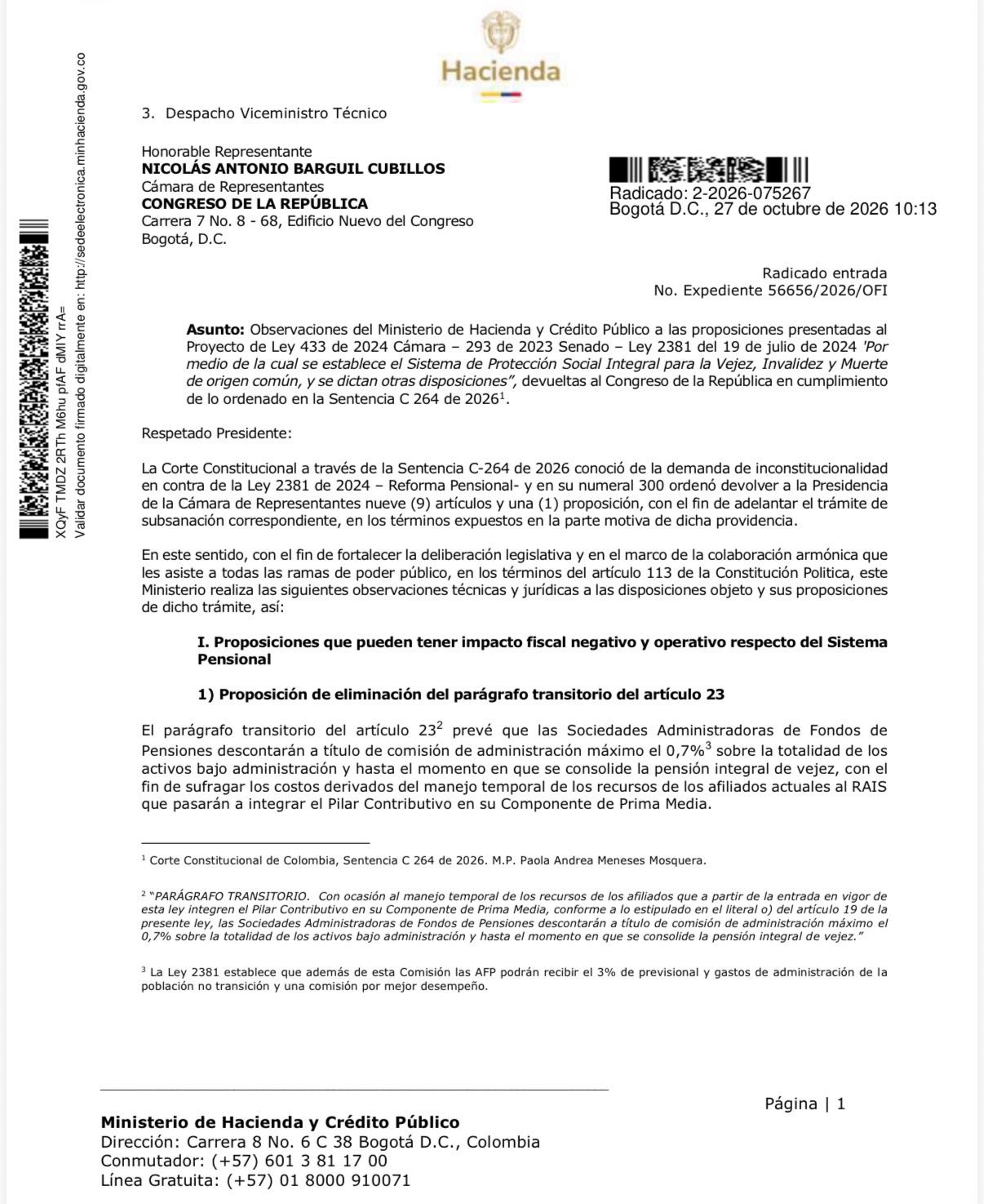 Concepto del MinHacienda sobre la Reforma Pensional