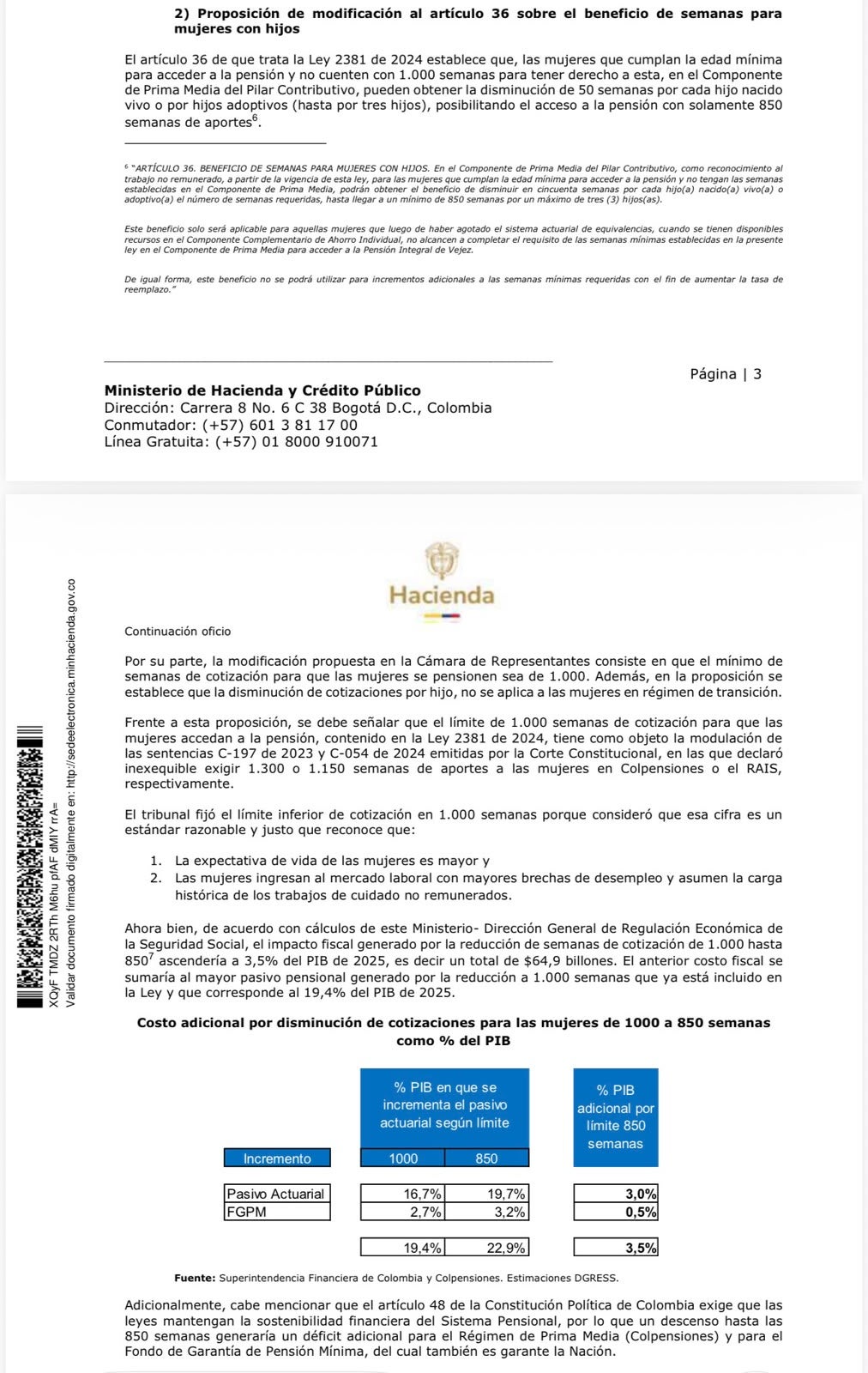 Concepto del MinHacienda sobre la Reforma Pensional
